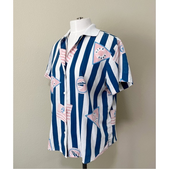 Vintage 90s Retro Russ Petites Size 8 Beach Striped Button Down Shirt Blouse - Picture 5 of 7